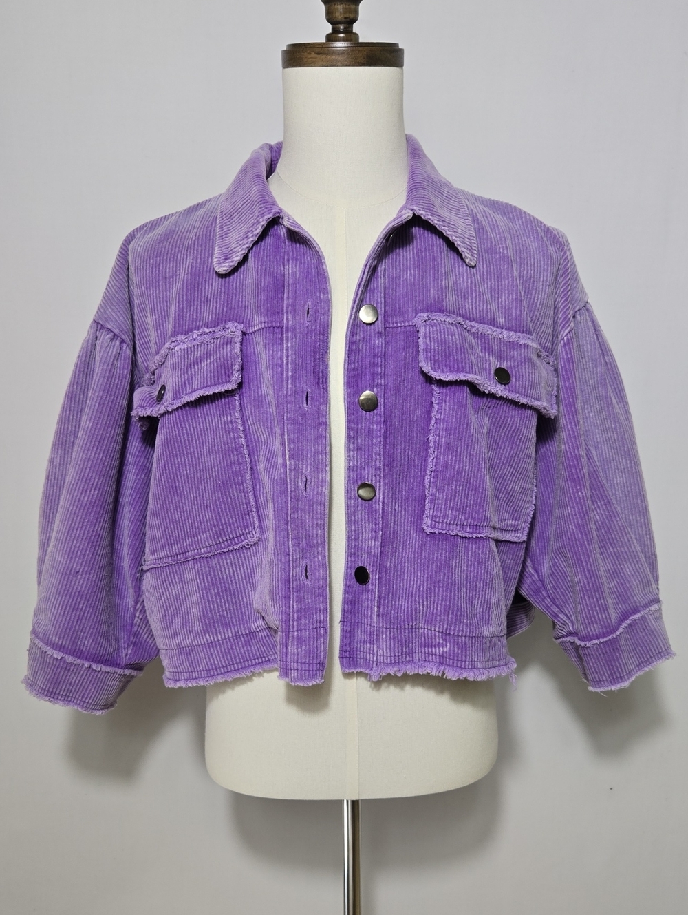 POL Cropped Corduroy Jacket 3/4 Puff Sleeves Size L Purple Trucker YWJ8